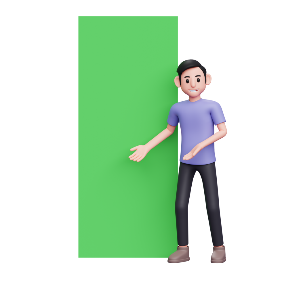 3d Character illustration Casual man shows something on the roll up x banner standing green screen beside him while bowing, show an information png