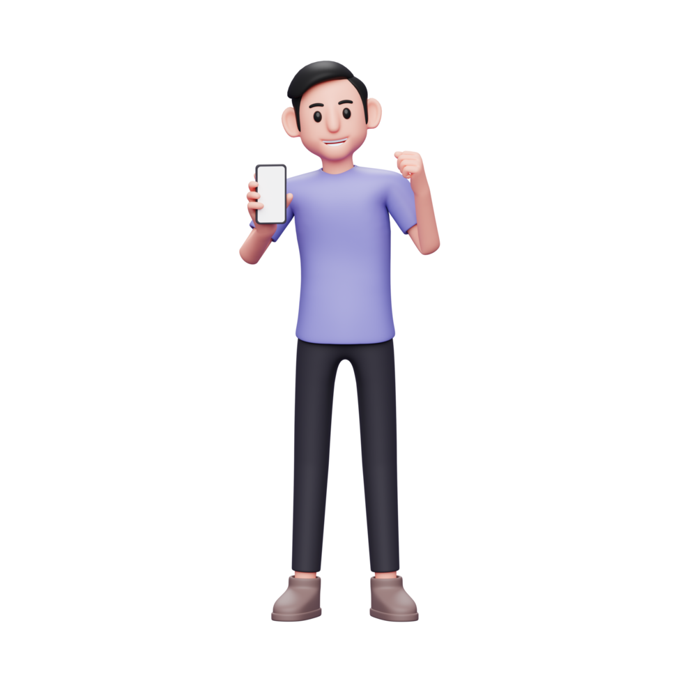 3d character illustration Casual man holding and showing phone screen with winning gesture getting good news png