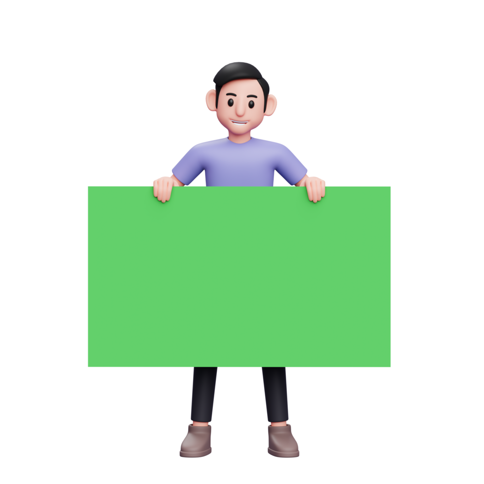 3D-Charakterillustration Legerer Mann, der ein großes grünes Banner davor steht und hält png