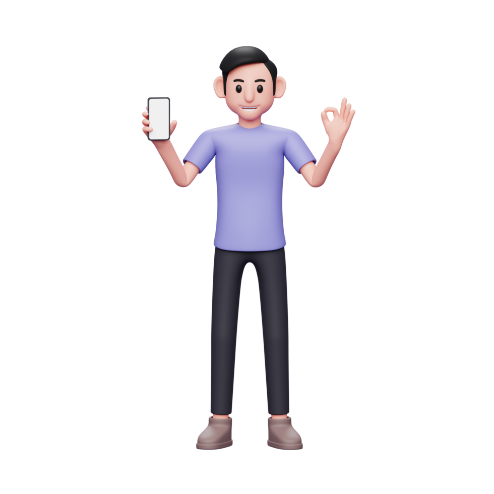3d character illustration casual man holding blank screen mobile phone