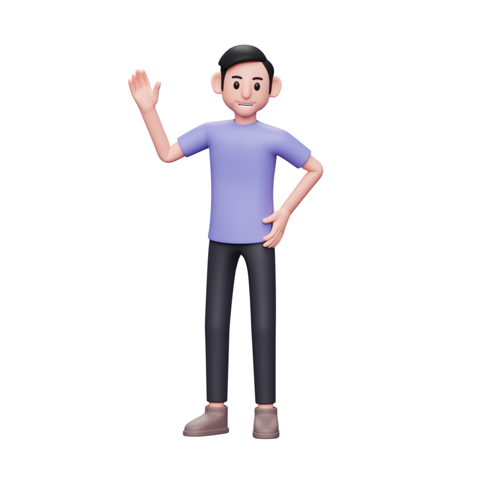 Ilustración 3d del hombre que agita la mano y la mano izquierda en la cintura. hombre casual saludando png