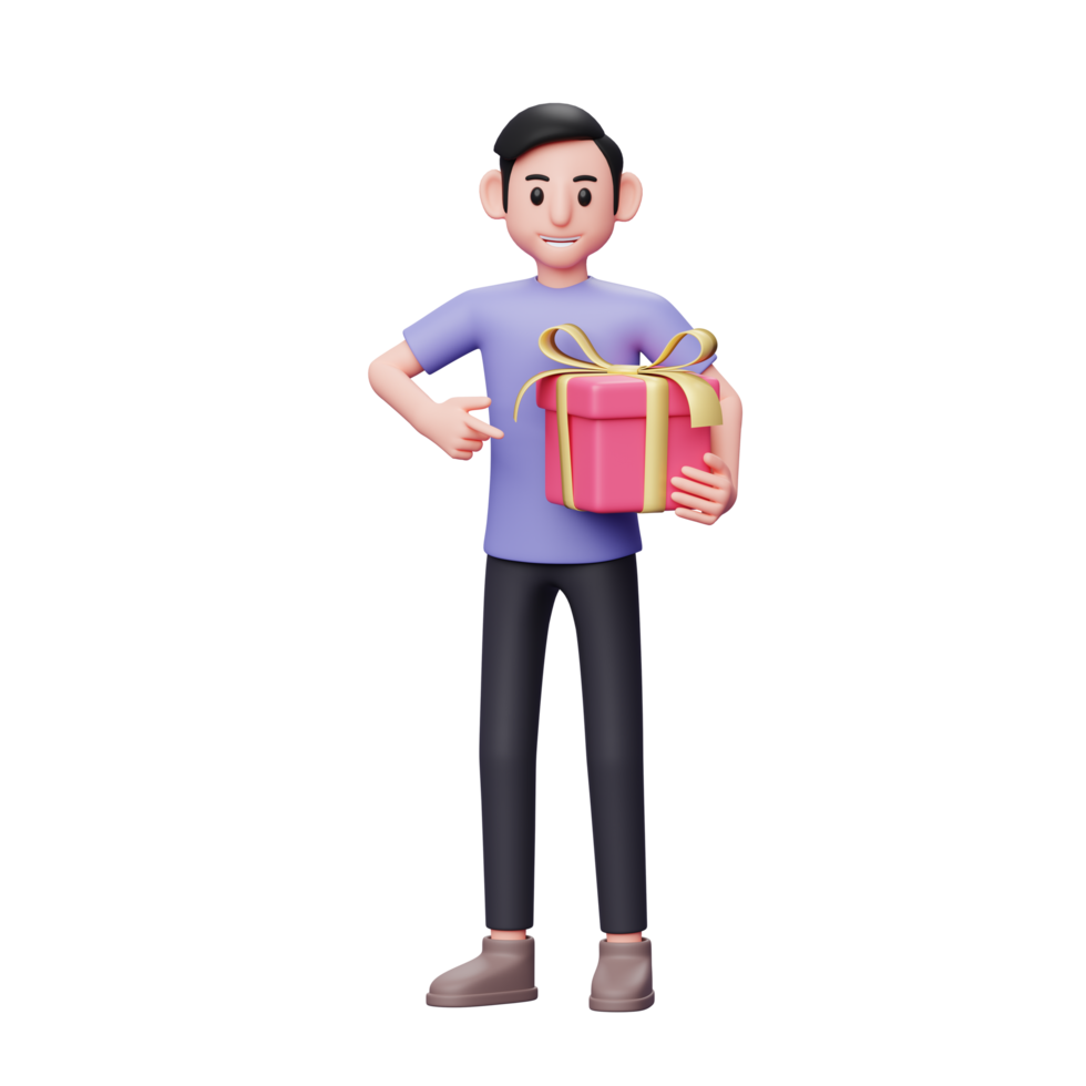 ilustração 3D de homem casual apontando para o presente que ele trouxe com a mão esquerda para dar à namorada no dia dos namorados png