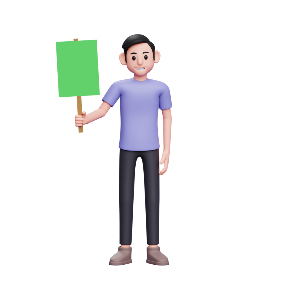 3d Character illustration Casual man standing casually holding green paper placard with right hand png