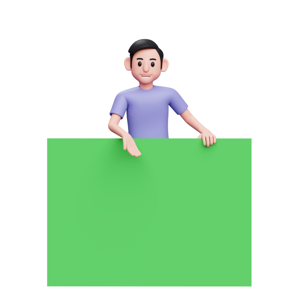 homem casual de ilustração de personagem 3d atrás da grande bandeira verde e mostrando algo com a mão direita png