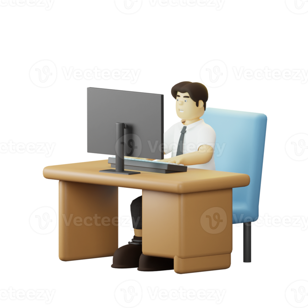 3D Character Employee Working on Desktop png