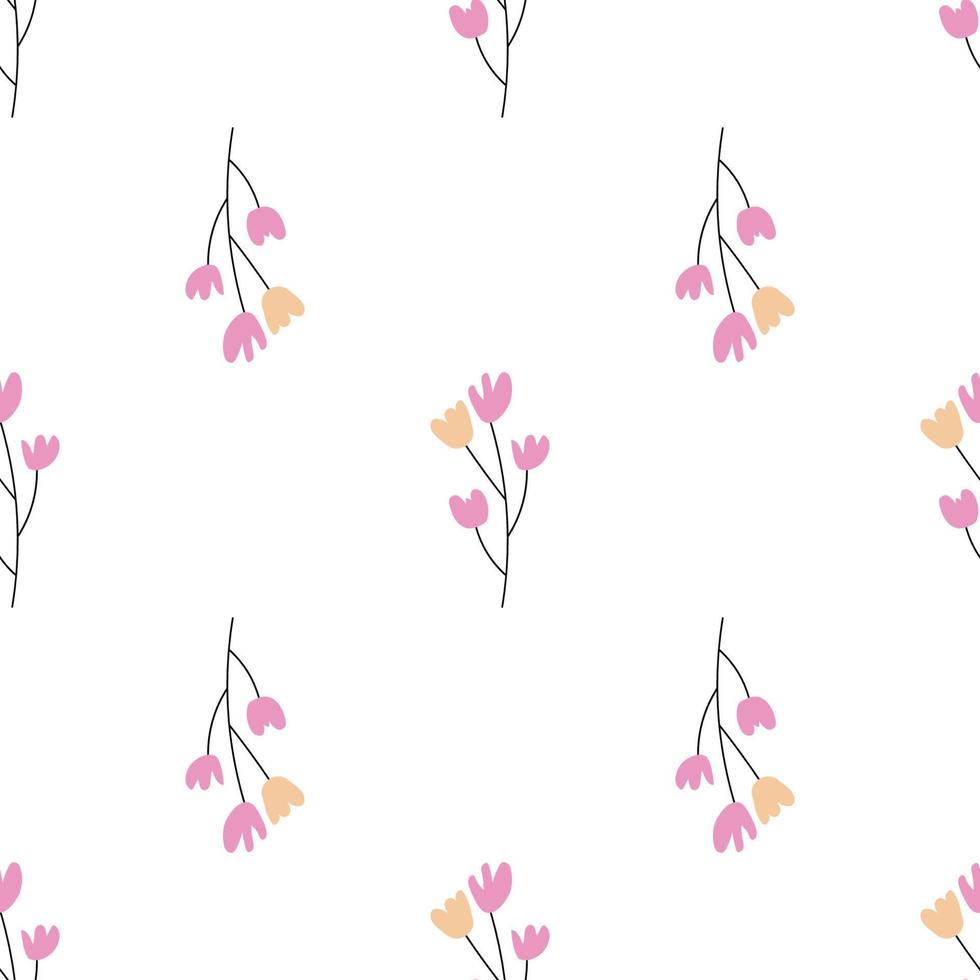 Floral seamless vector pattern with flowers. Spring flora. Simple hand-drawn kids style. Pretty ditsy for fabric, textile, wallpaper. Digital paper in white background