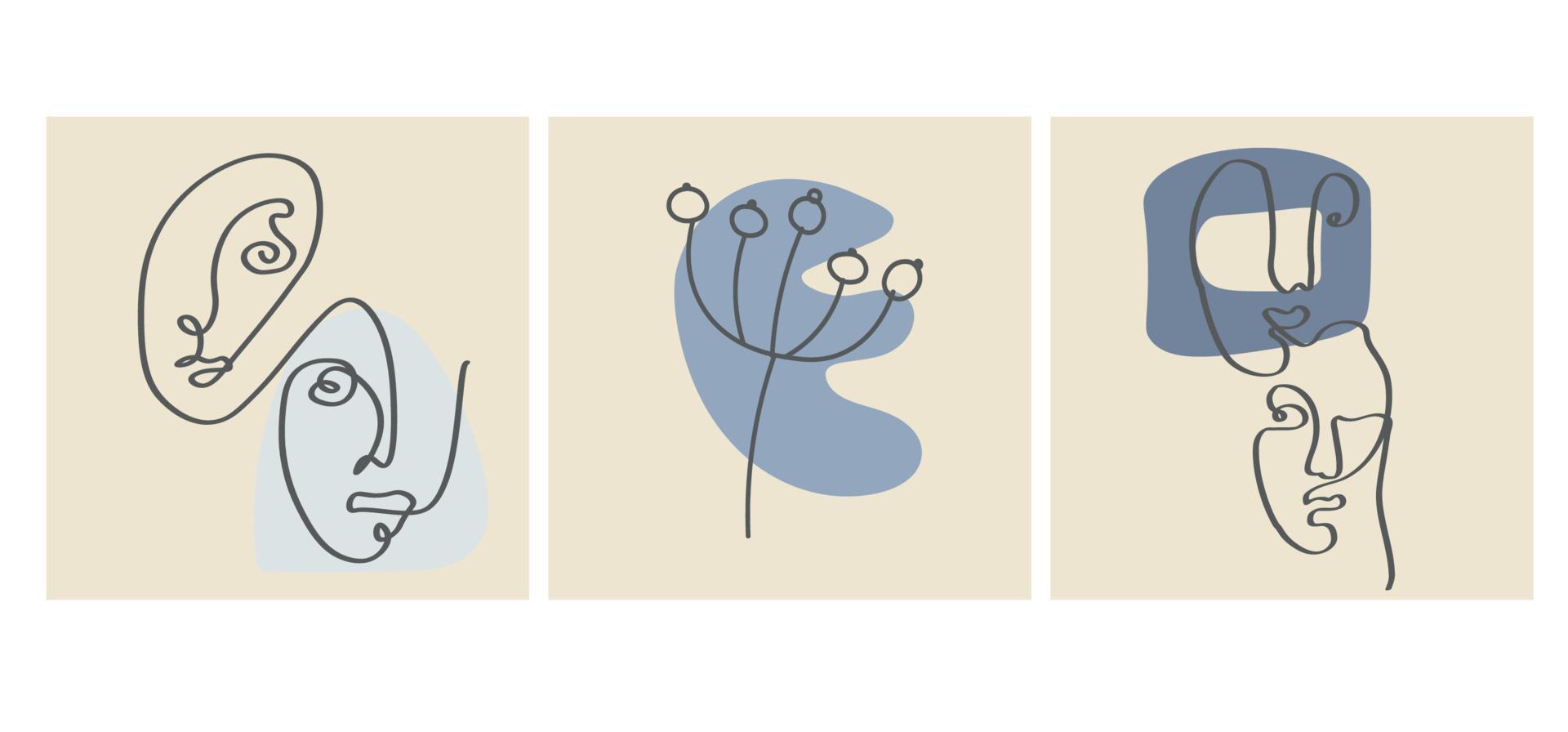 varias caras, hojas y formas abstractas. ilustraciones vectoriales contemporáneas sobre fondos de color. línea, concepto elegante minimalista. perfecto para redes sociales, tarjetas, postales. vector