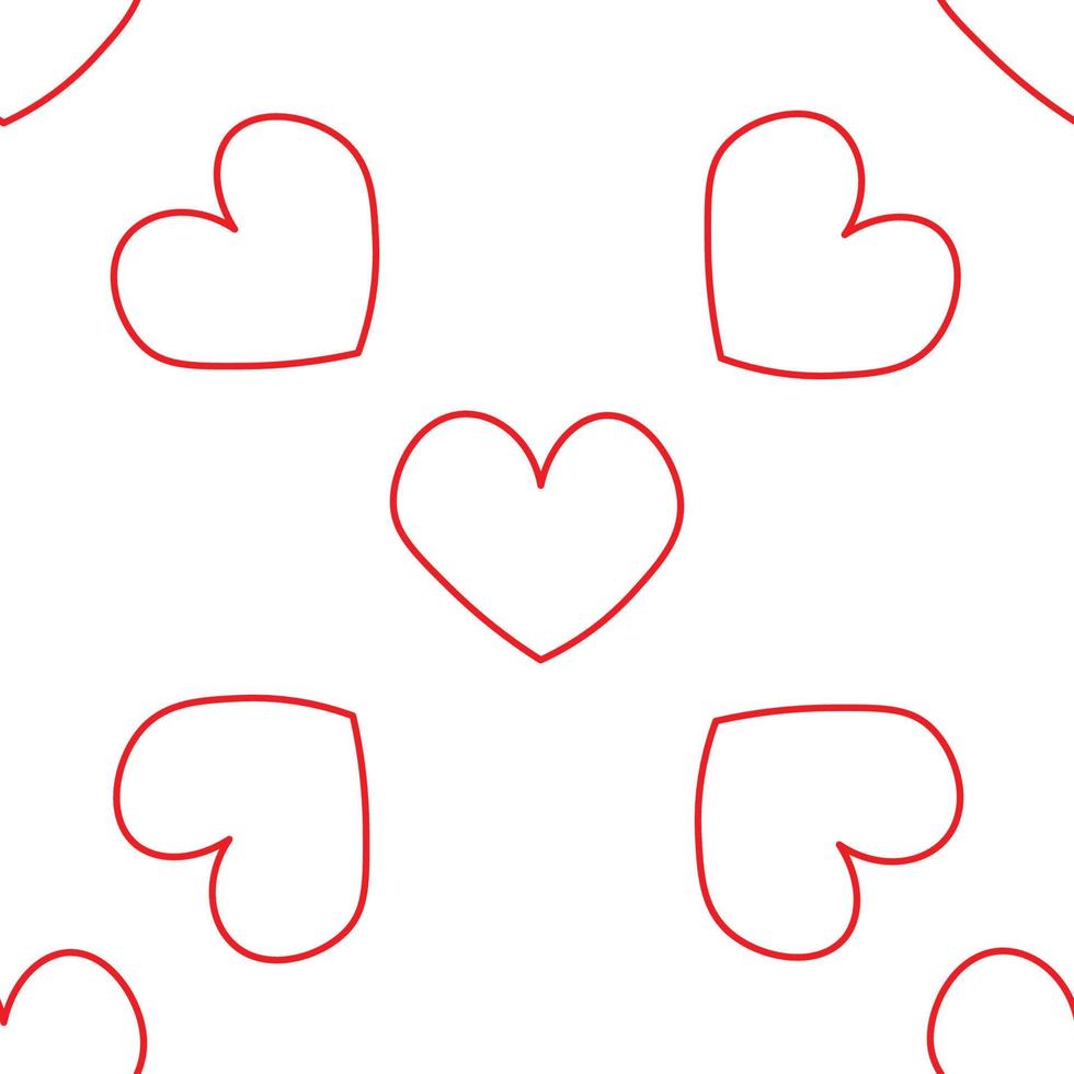 corazones rojos en estilo de línea. patrón romántico sin fisuras. corazones de fideos coloridos sobre fondo de vector blanco. plantilla lista para diseño, postales, impresión, afiche, fiesta, día de san valentín, textil vintage.