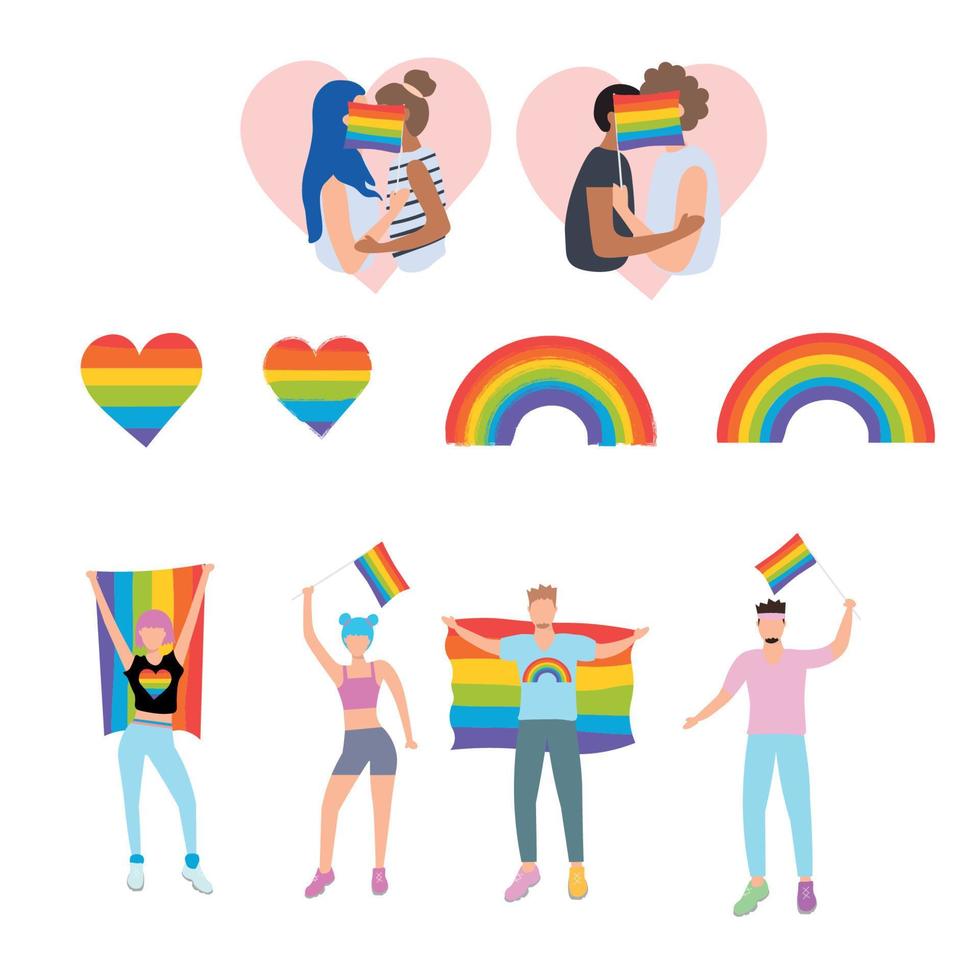 Big LGBT set. Pride Month. Woman and men taking part in pride parade. Two boys and Two girls kiss for an LGBT flag. LGBT rainbow and heart. Symbol lgbt culture. Vector stock illustration