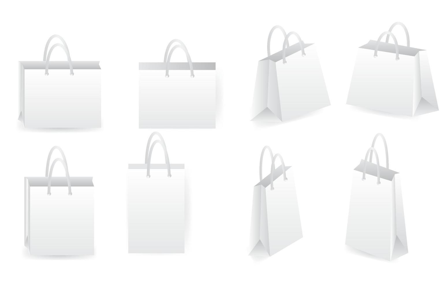 Set of blank shopping bags isolated on white background.Paper bag or packages mockups.Craft paper or cardboard with handles.Top, front and side views.3D realistic vector illustration.Template.