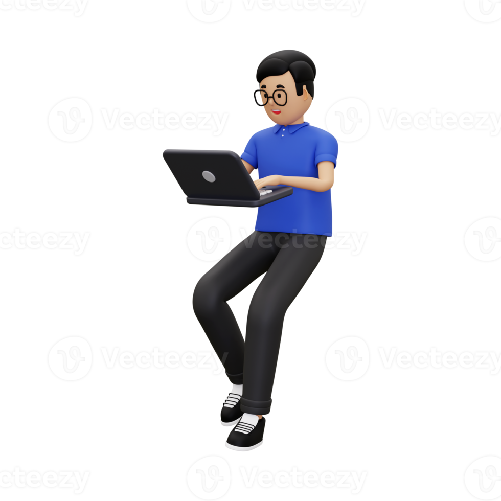 3d man at work using a laptop png