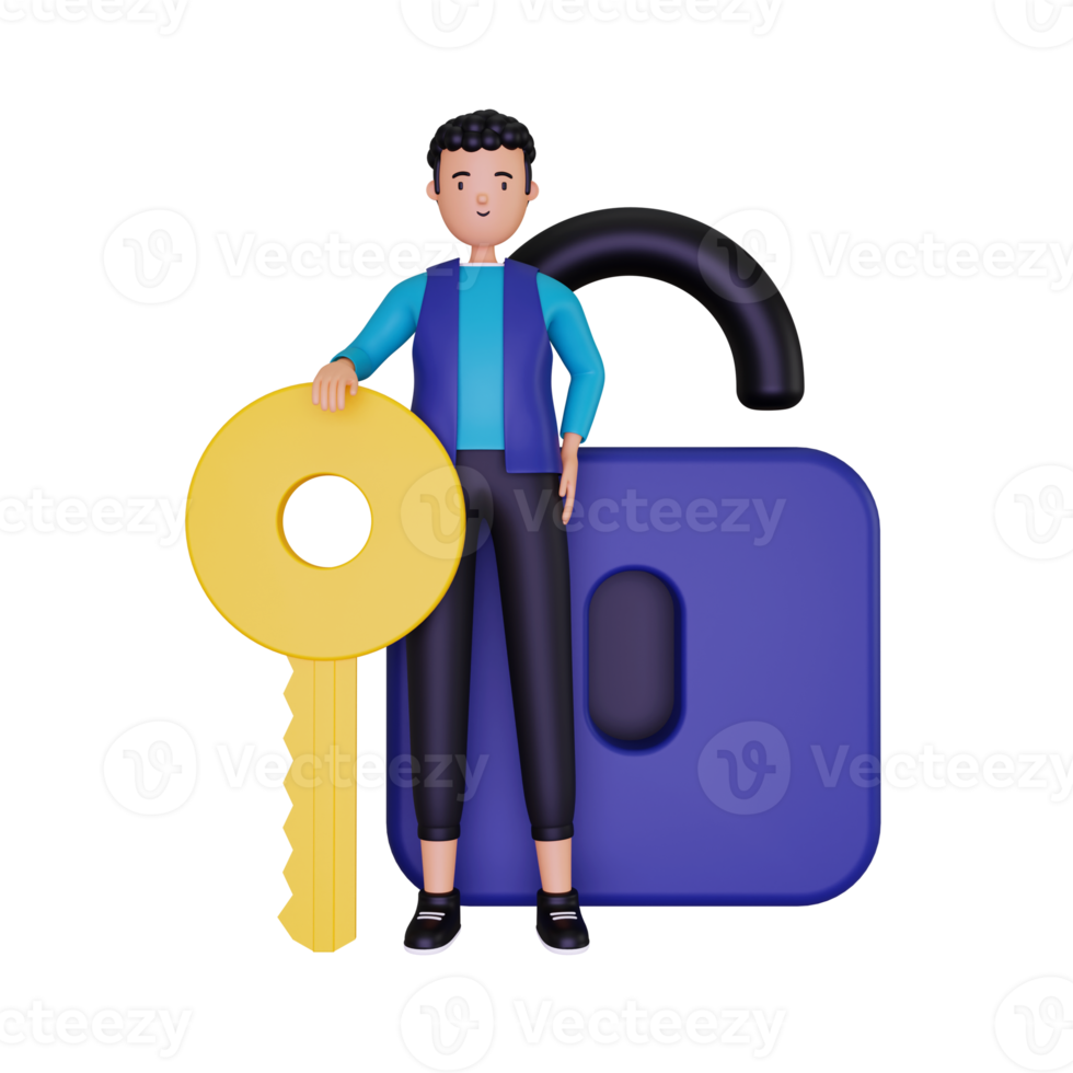 3d Sign in with the man holding the key illustration png