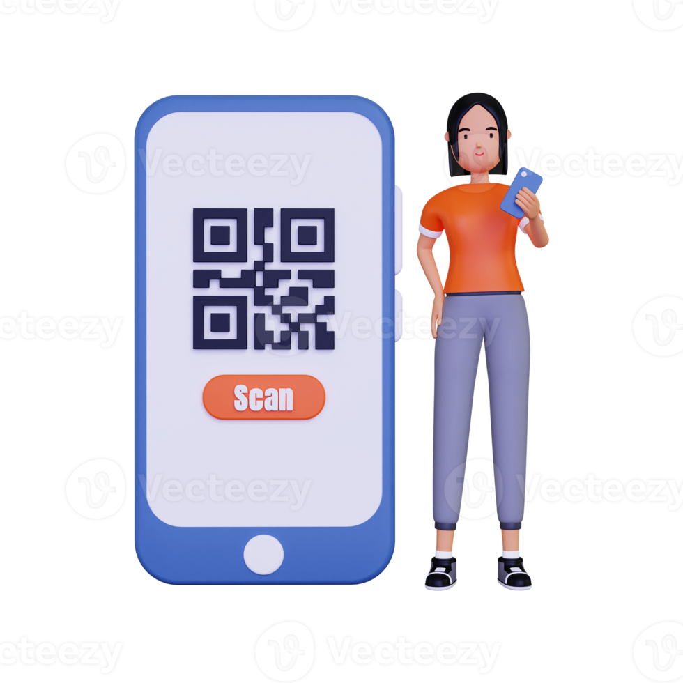 3d Woman Scanning qr code for payments illustration png