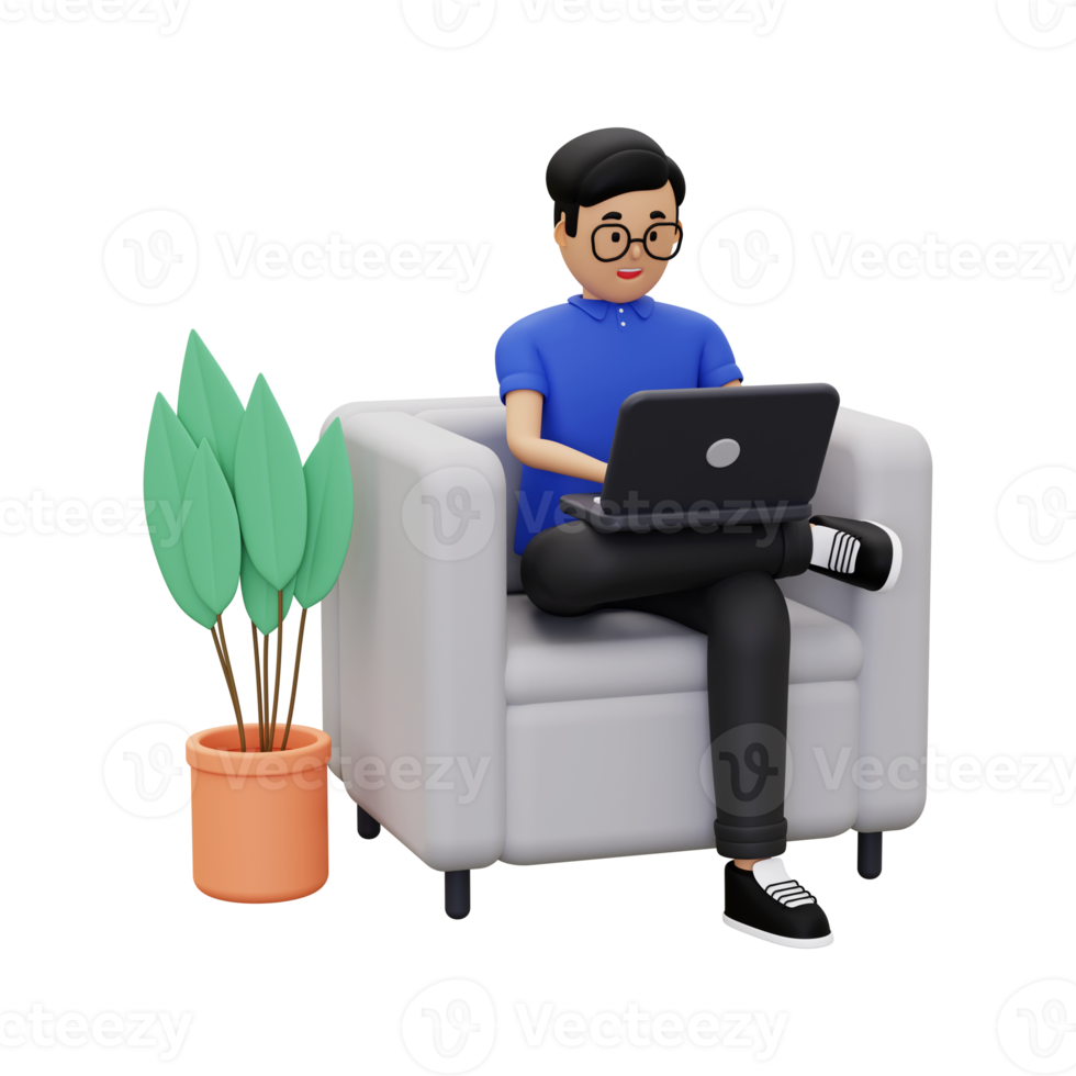 3d A man is working at home using a laptop png