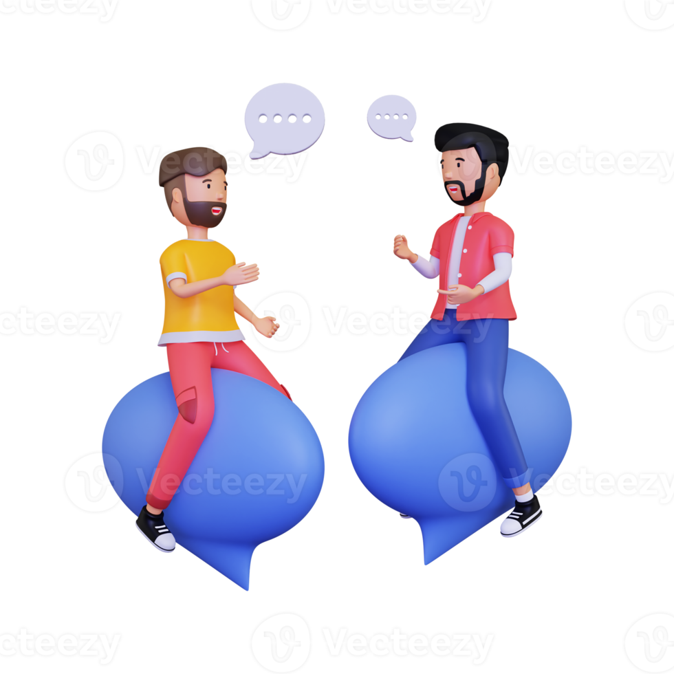 3d Two male having a conversation while sitting on a chat bubble png