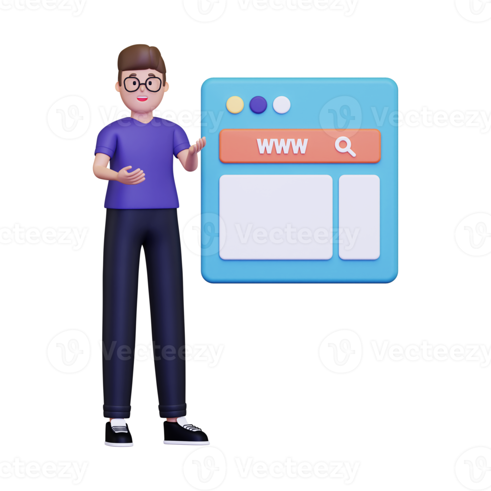 3d Man browsing on website illustration png