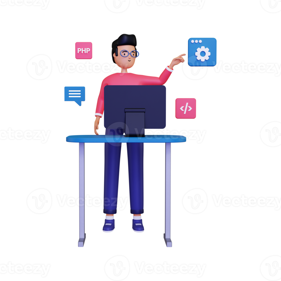 développeur de programmation 3d travaillant sur une illustration de projet png