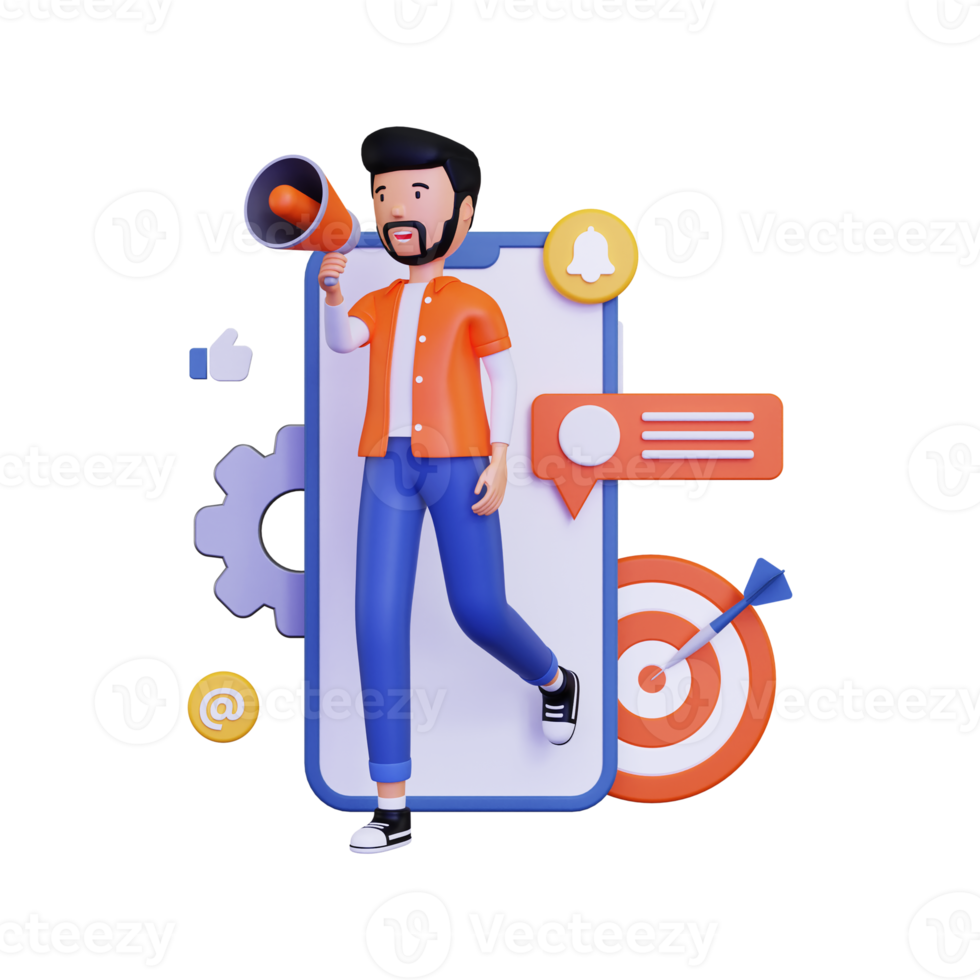 3d Mobile marketing with holding megaphone loudspeaker and dartboard png