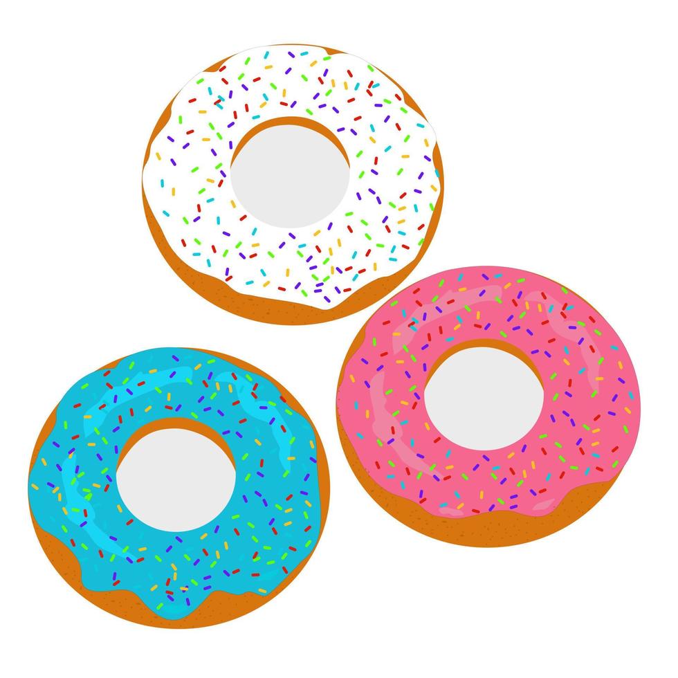 tres donuts con glaseado rosa azul y blanco y chispas en la ilustración de la superficie superior. vector