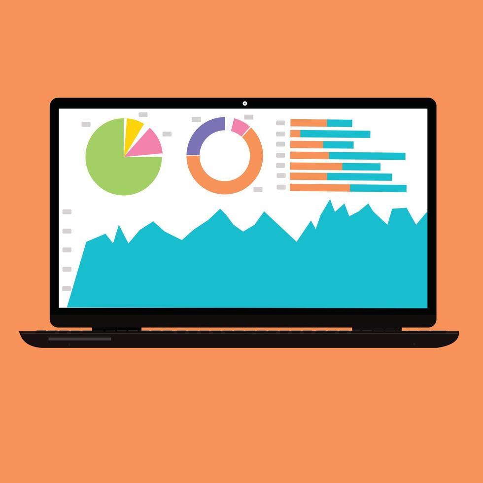 ilustración de análisis de datos de la computadora portátil en la pantalla de color naranja. vector