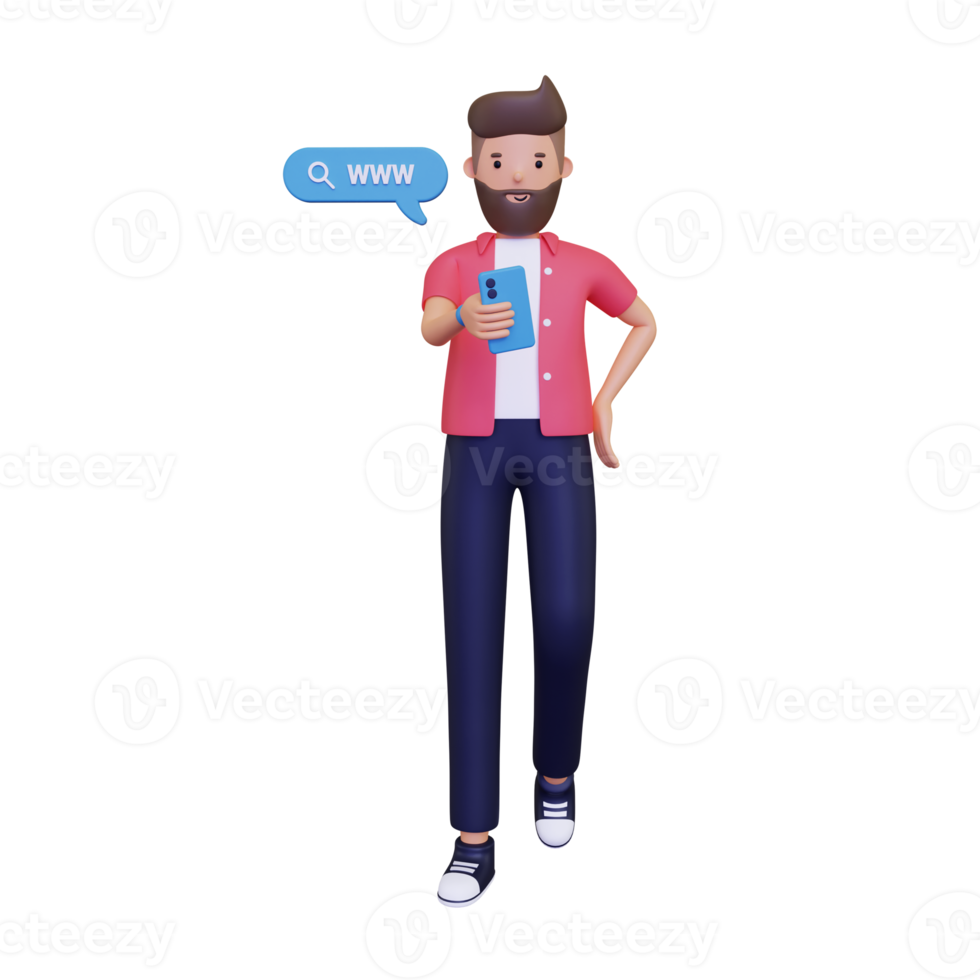 3d Boy browsing using smartphone png