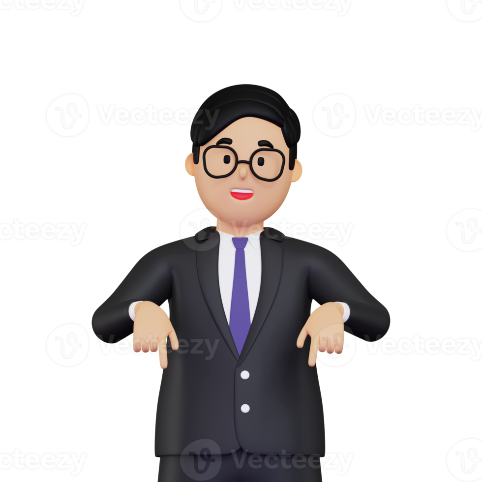 3d Businessman pointing down illustration png