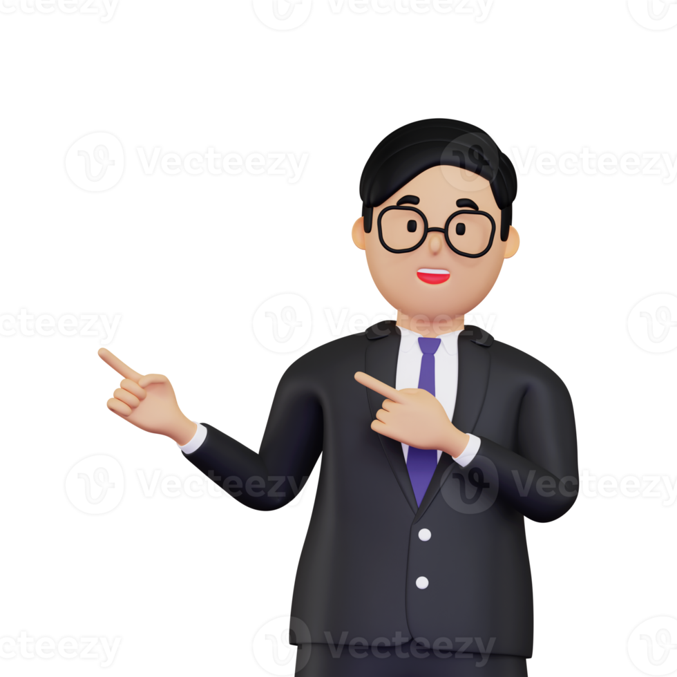 3d Young Businessman pointing to fingers to left side illustration png