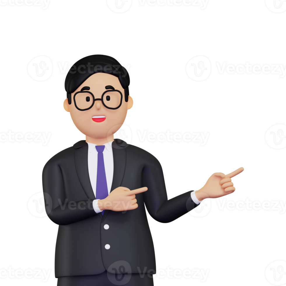 3d Young Businessman pointing to fingers to right side illustration png