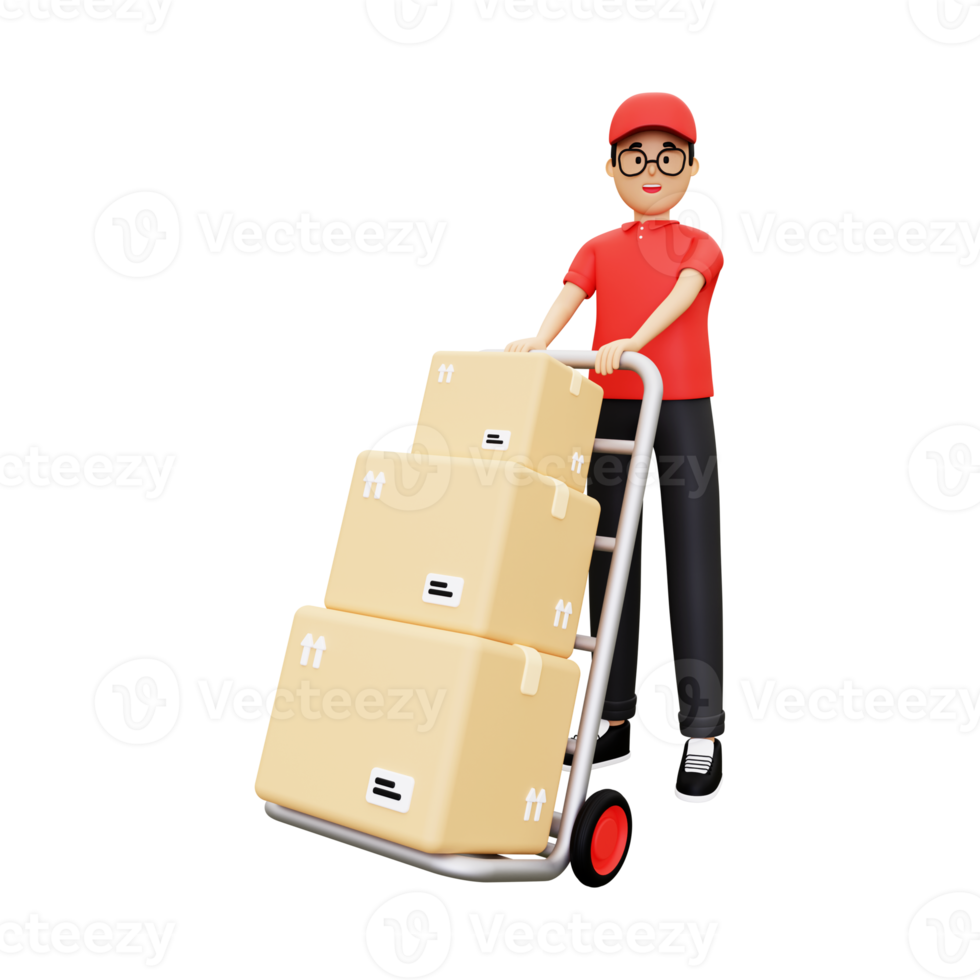 3d Deliveryman pushing packages trolley png