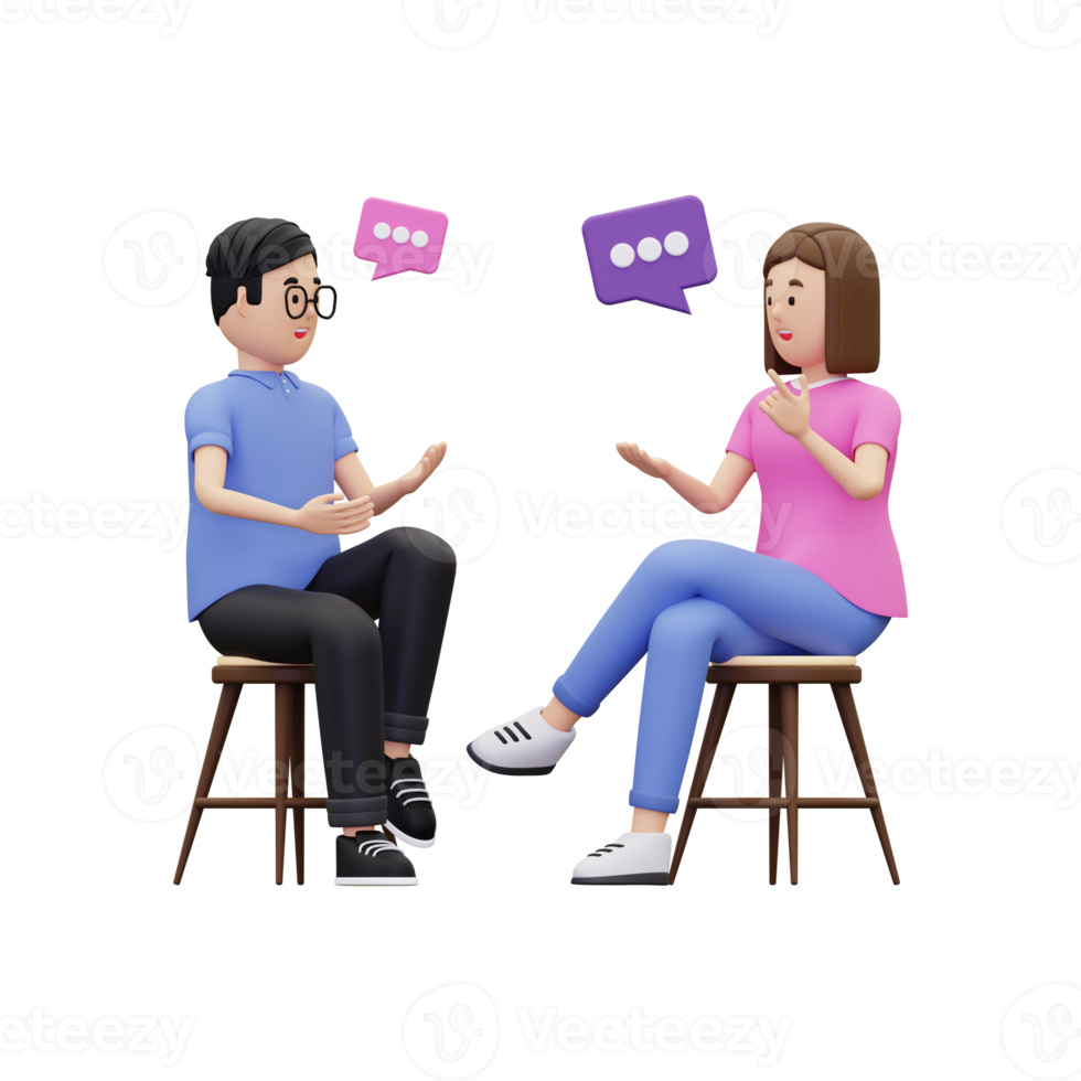 3d man and women communicating with each other illustration png