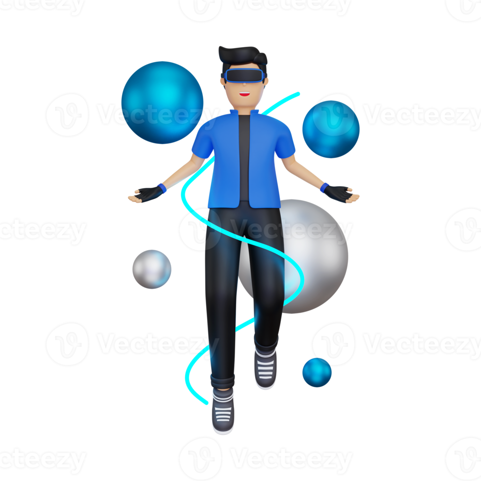3d Boy experiencing VR space png