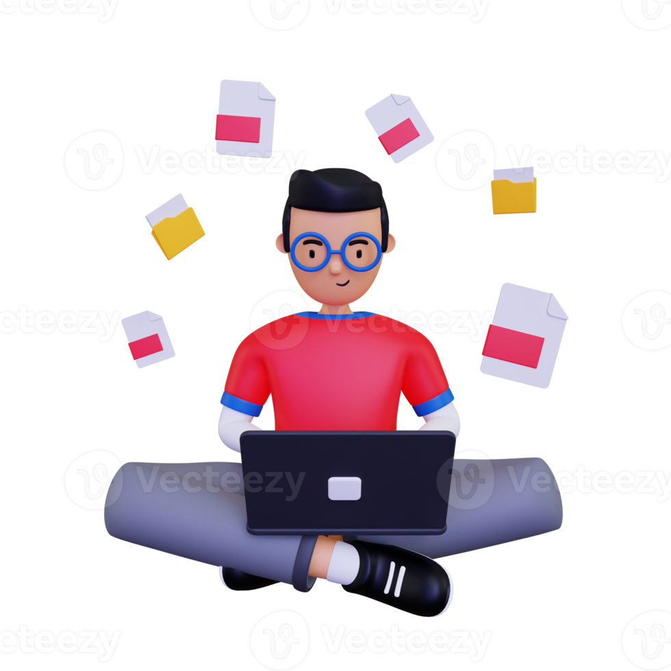 3d Man searching for files from the laptop illustration png