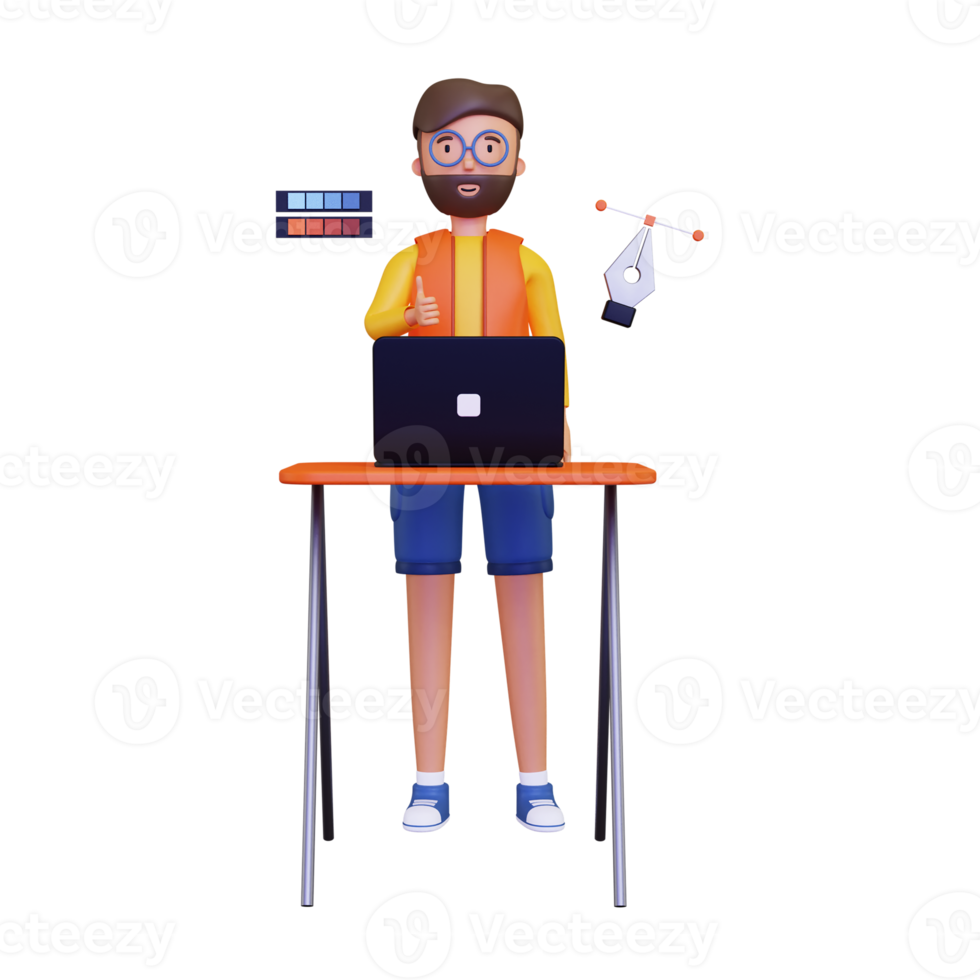 3d Graphic designer at work using laptop png