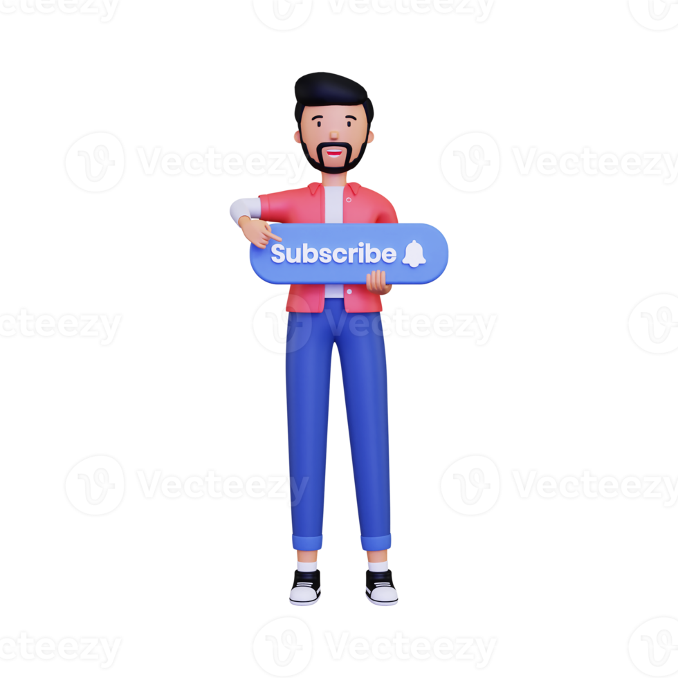 3d Man holds the subscribe button while pointing png