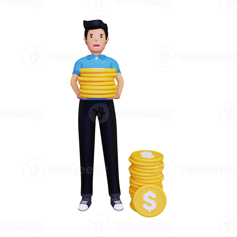 3d Man holding a pile of gold coins png