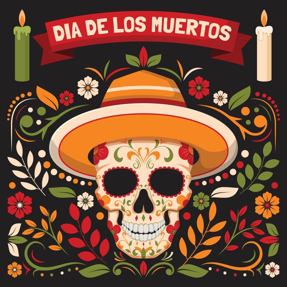 dia de los muertos con calavera y adorno floral vector