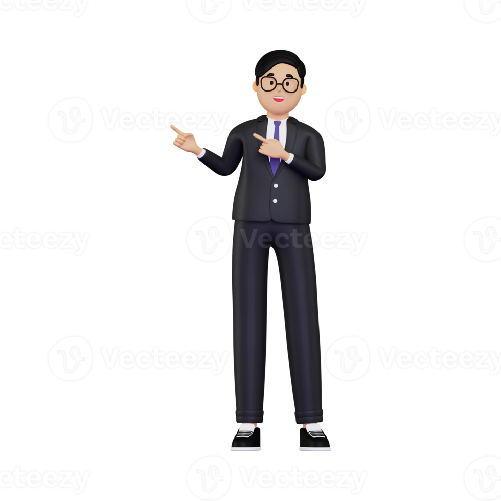 3d Young Businessman pointing to fingers to left side illustration png