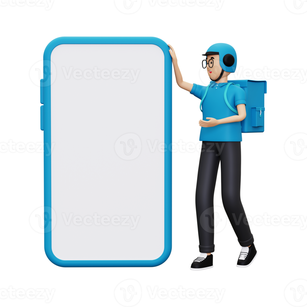 3d Delivery person standing with smartphone png