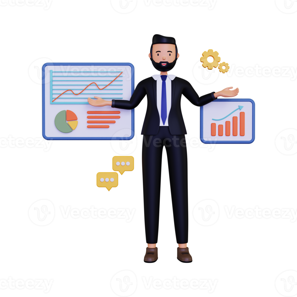 3d Businessman presenting analysis data illustration png