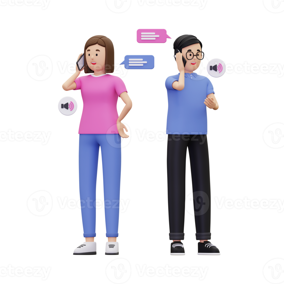 3d un homme et une femme ont une illustration de conversation téléphonique png