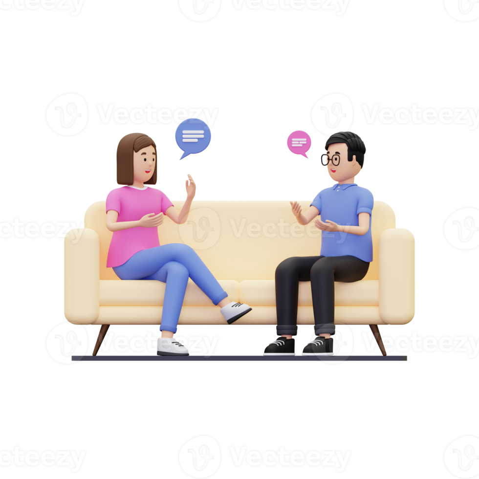 3d a man and a woman were having a chat while sitting on the sofa illustration png