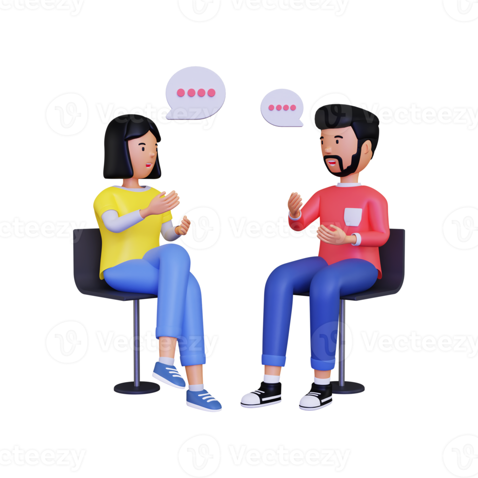 3d Male and female character are having a conversation while sitting on a chair png