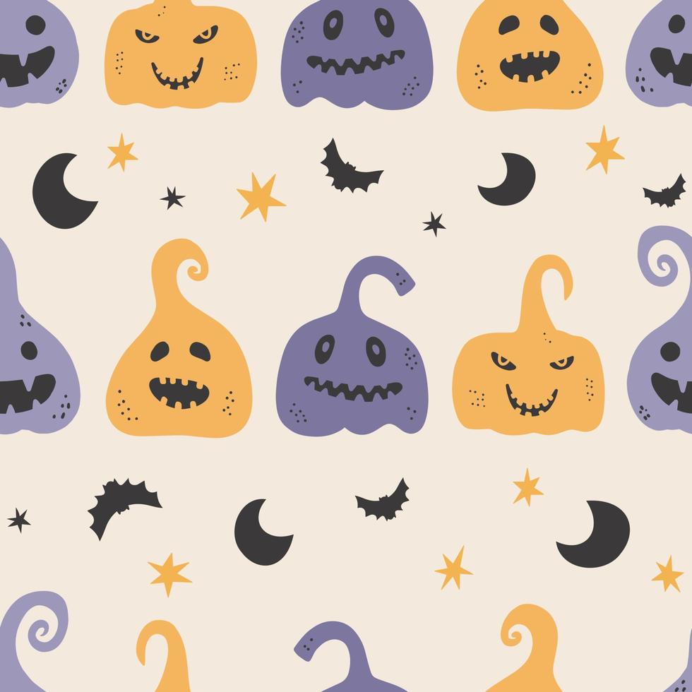 Holiday seamless pattern with funny characters pumpkins. Halloween vector illustration. Creative childish texture in scandinavian style. Great for fabric, textile.
