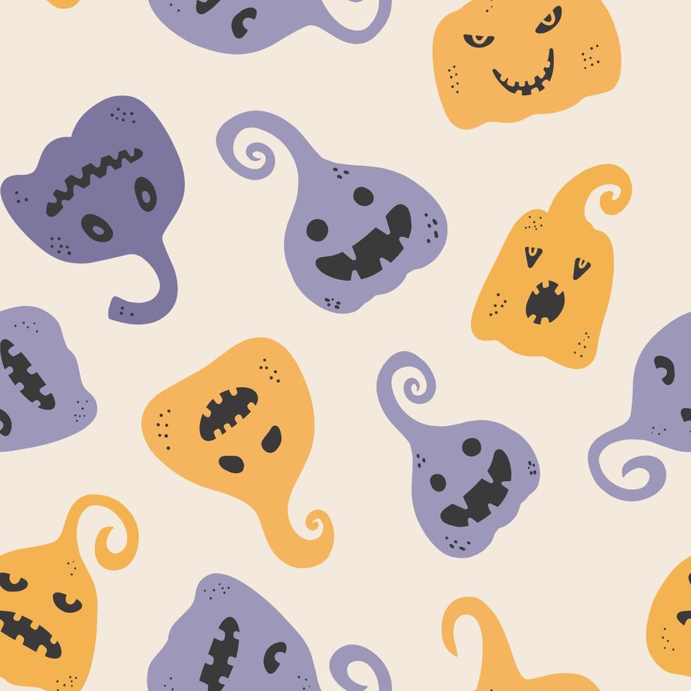 Holiday seamless pattern with funny characters pumpkins. Halloween vector illustration. Creative childish texture in scandinavian style. Great for fabric, textile.