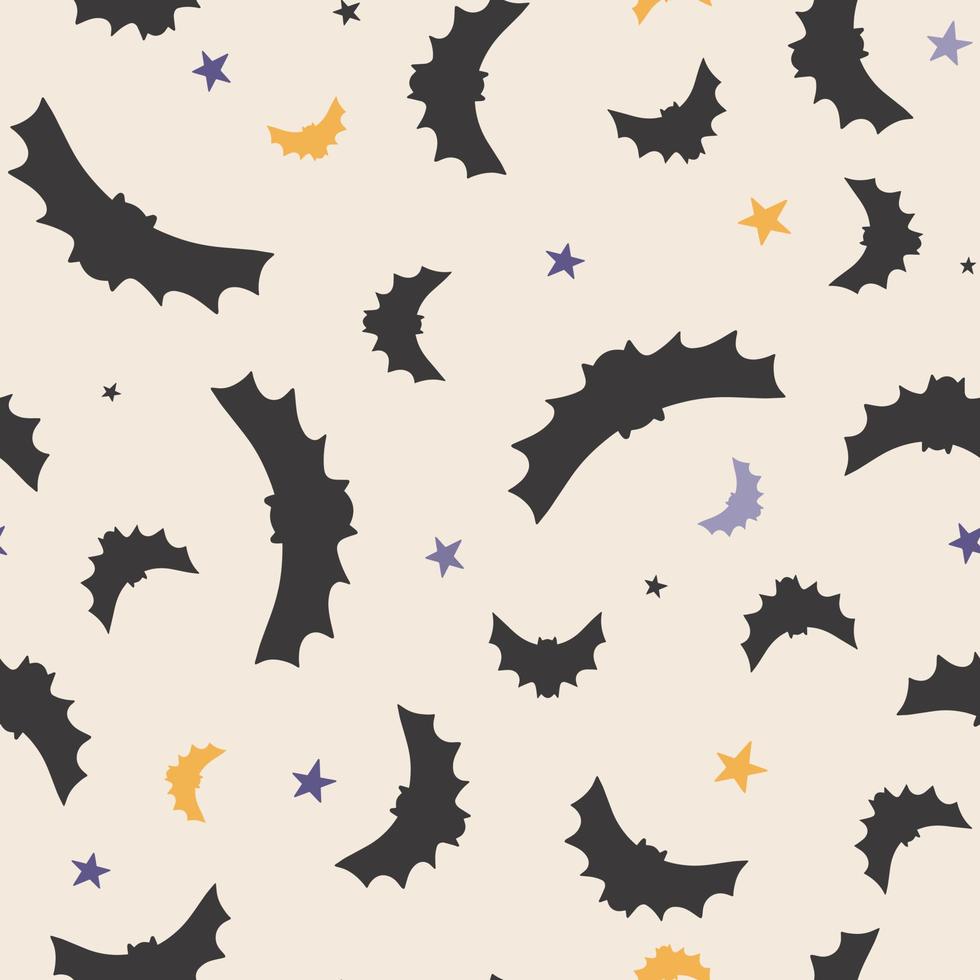 feliz halloween lindo vector de patrones sin fisuras con murciélago de dibujos animados, estrellas. textura infantil creativa en estilo escandinavo. genial para tela, ilustración vectorial textil.