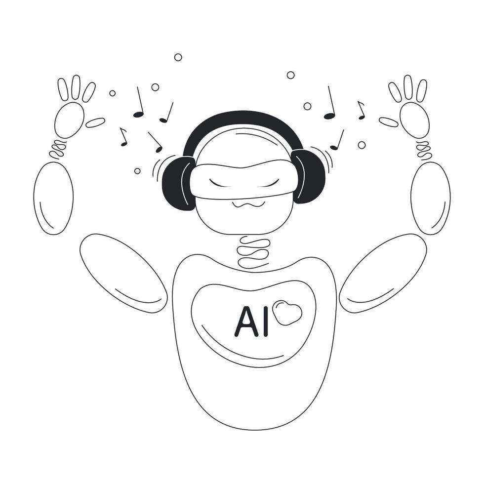 The robot listens to music in headphones. The robot is dancing. Artificial intelligence concept. vector