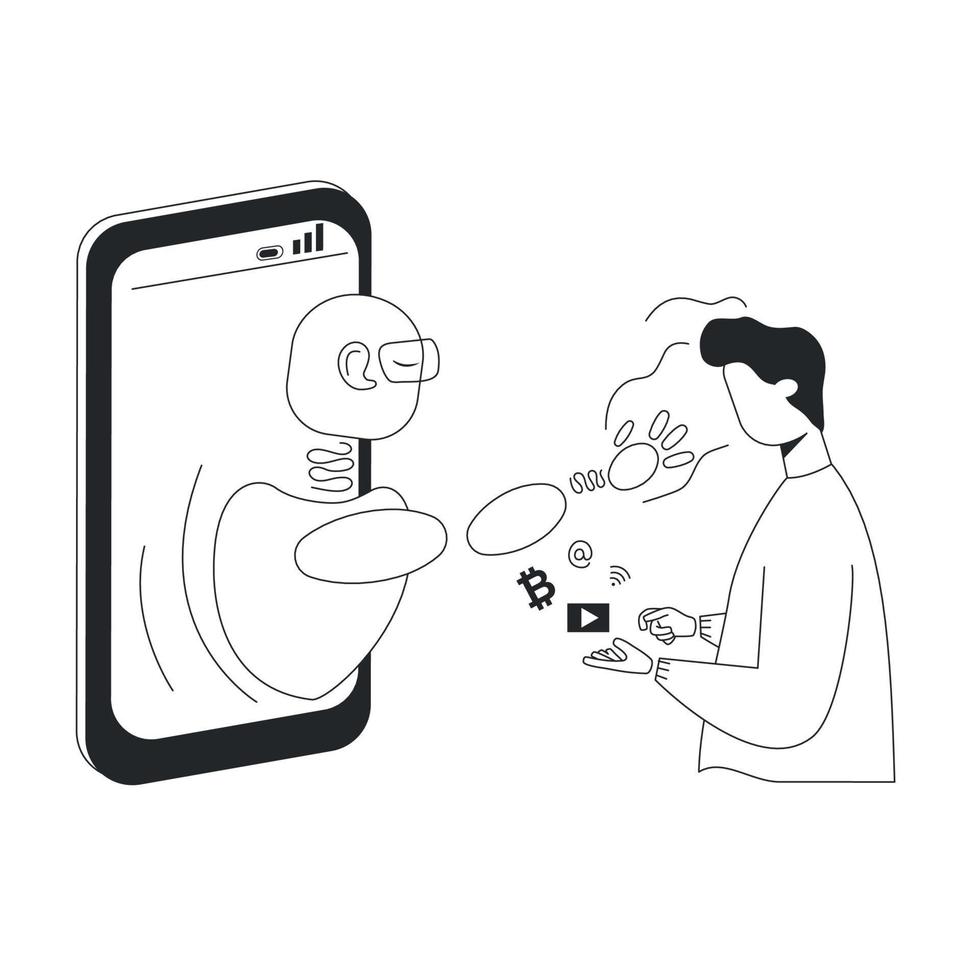 A robot in a smartphone controls a human thoughts. Artificial intelligence concept. vector