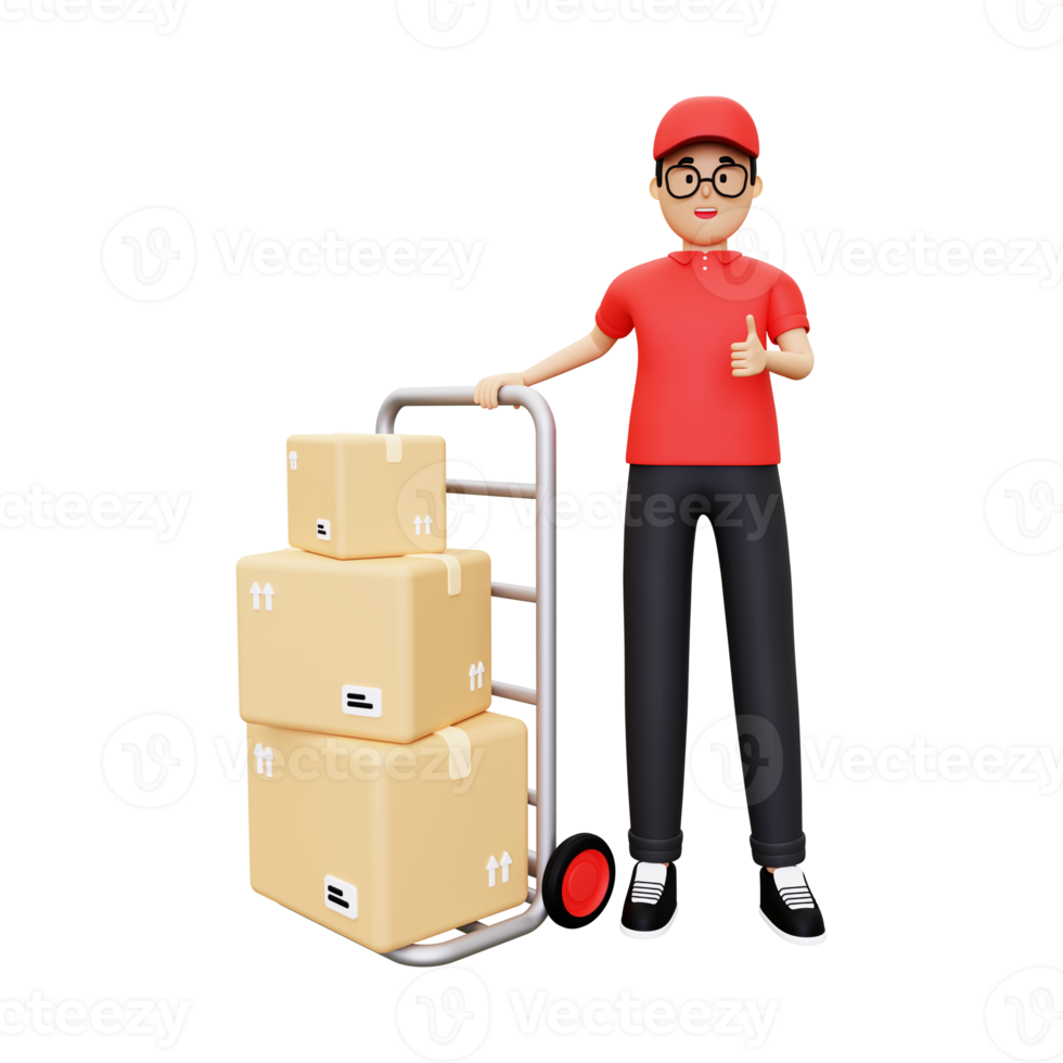 3d Deliveryman standing next to the parcel trolley png