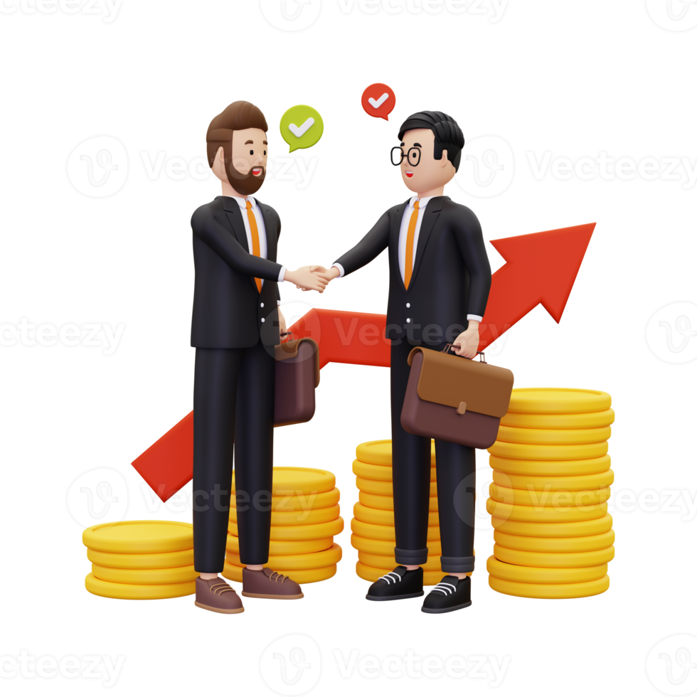 3d business partner shaking hands with a pile of gold coins png