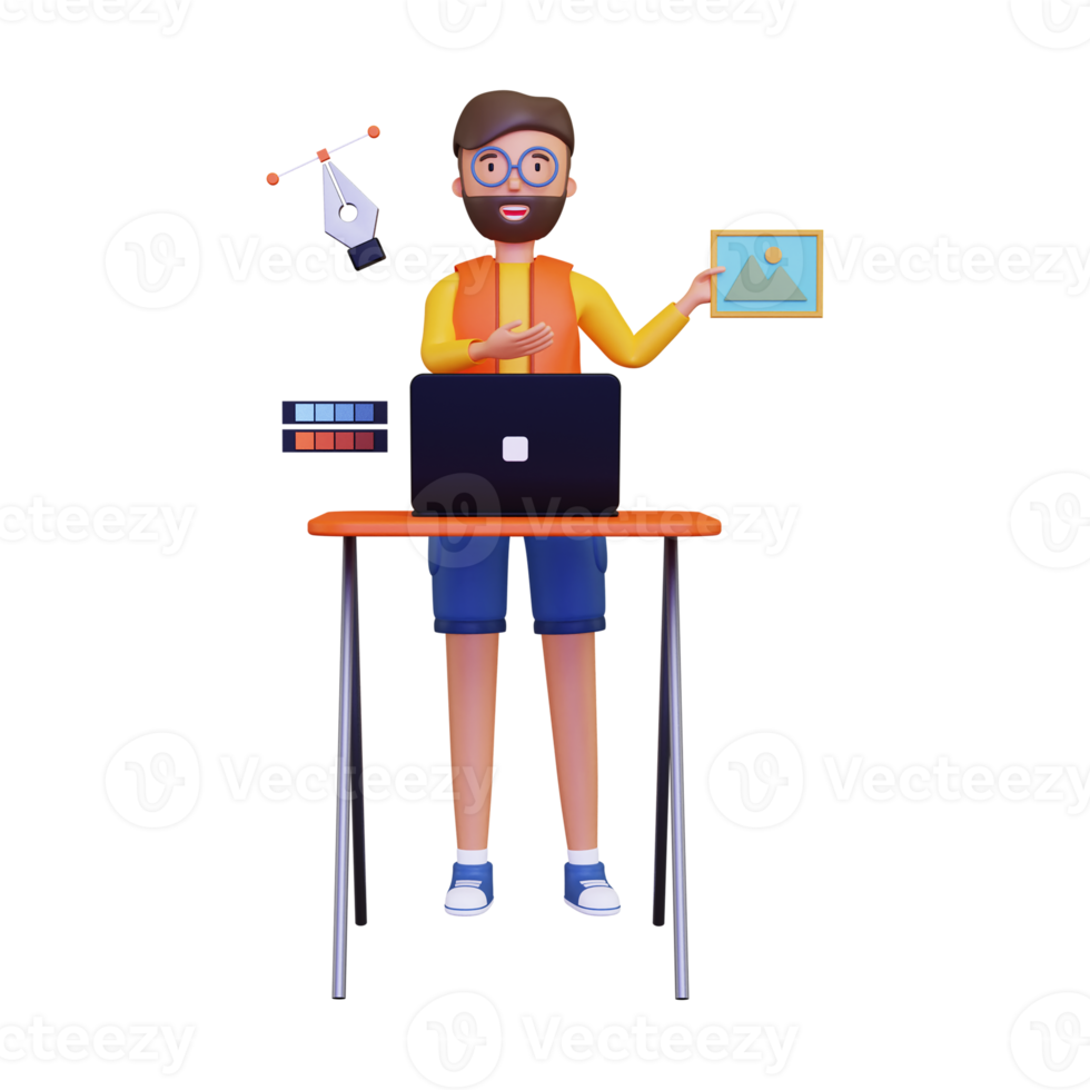 3d Graphic designer showing his work png